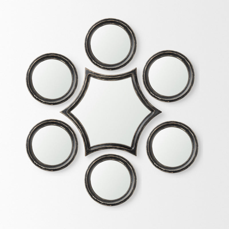 7 Piece Set Wood Round Geometric Framed Accent Mirror - Black