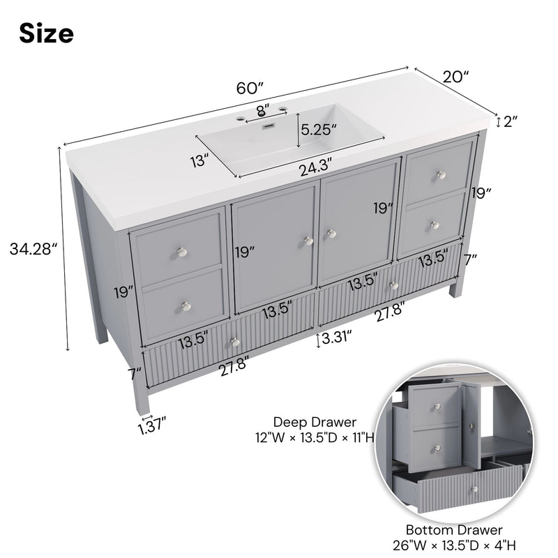 Bathroom Vanity With Separate Sink, Soft Close Doors And 4 Drawers