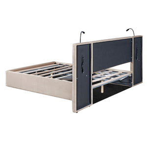 Full Size Storage Upholstered Hydraulic Platform Bed with 2 Shelves, 2 Lights and USB, Beige