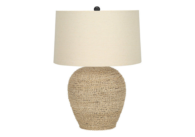 Rattan Round Table Lamp With Beige Drum Shade - Beige