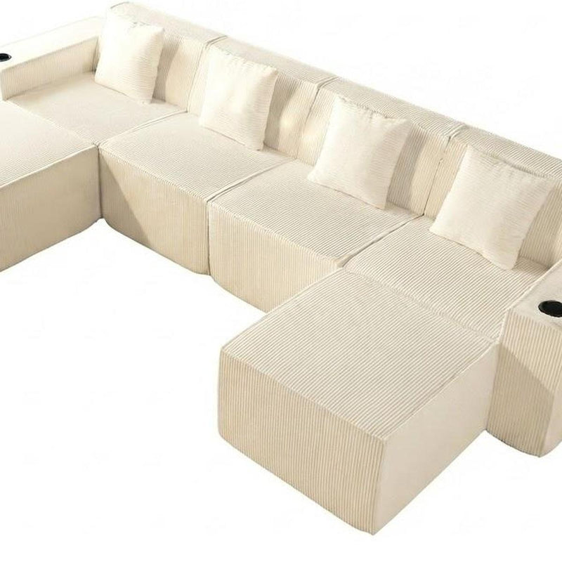 Corduroy Modular Sofa With Ottoman And Toss Pillows - White
