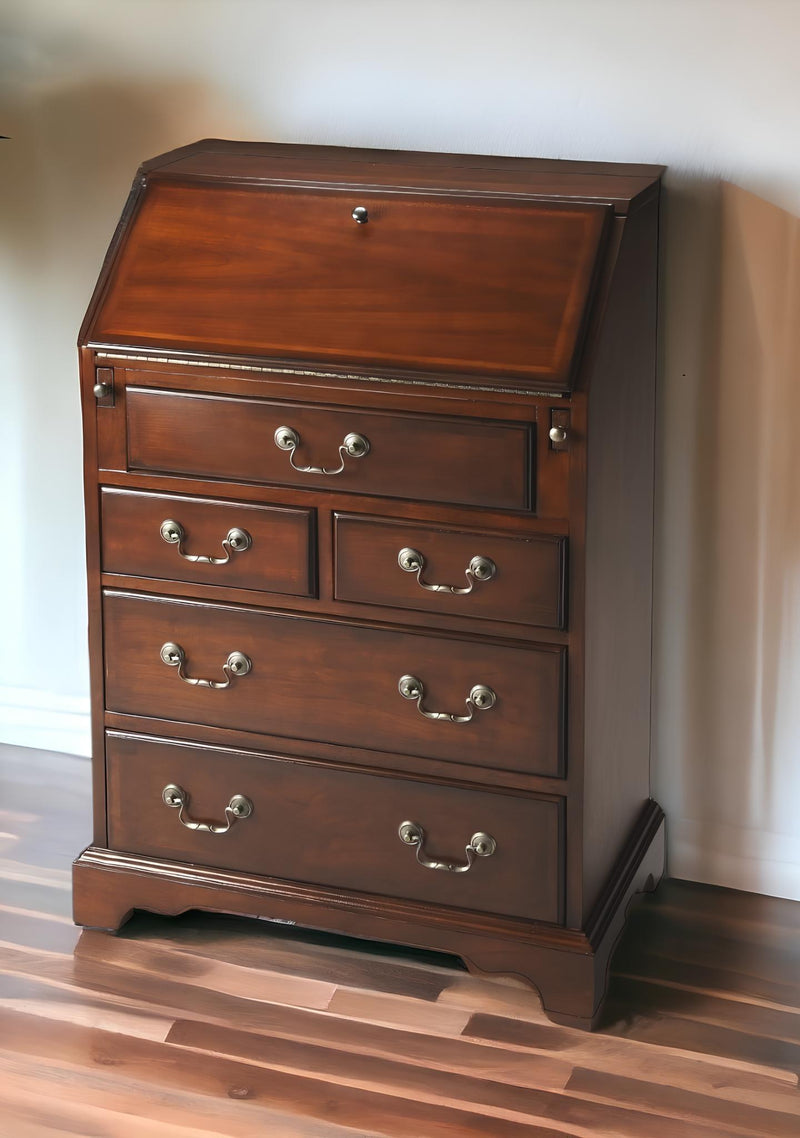 Rubberwood Wood Secretary Desk With Five Drawers - Brown