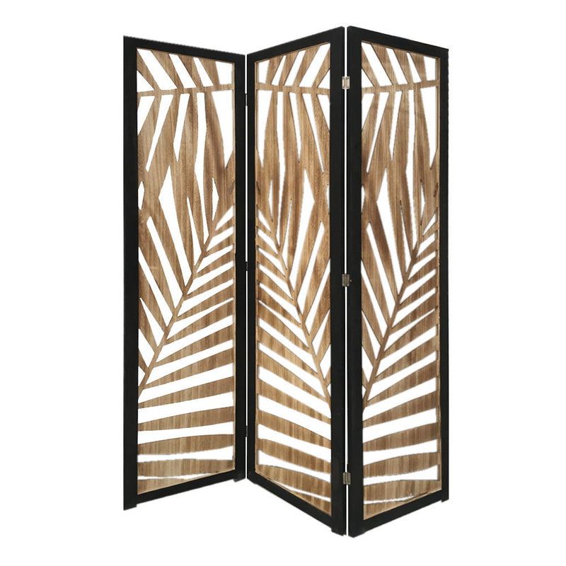 3 Panel Room Divider With Tropical Leaf Design - Dark Brown