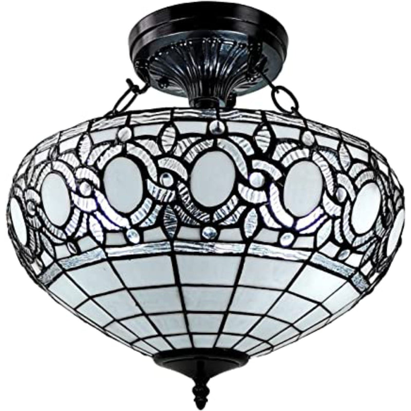 Tiffany Style Two Light Glass Dimmable Semi Flush Ceiling Light - Blue / Black