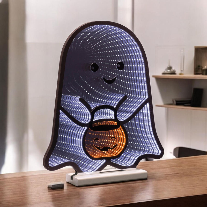 Halloween Ghost Tabletop Sign With LED - White / Orange / Black