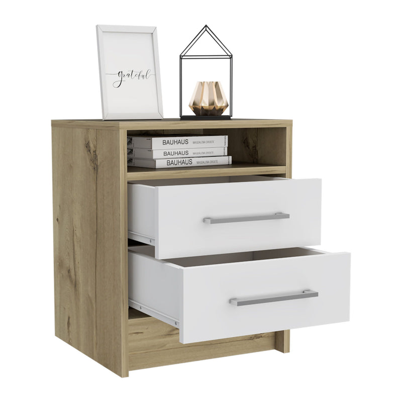 20" Two Drawer Faux Wood Nightstand - White / Light Brown
