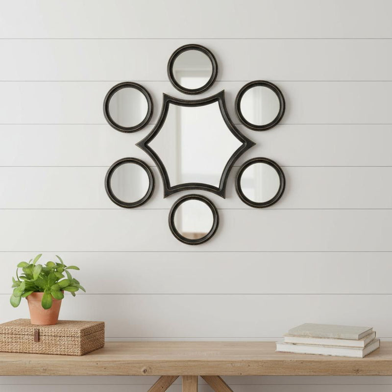 7 Piece Set Wood Round Geometric Framed Accent Mirror - Black