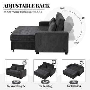 65.7" Velvet Upholstered Sleeper Bed , Pull Out Sofa Bed Couch attached two throw pillows,Dual USB Charging Port and Adjustable Backrest for Living Room Space, Black