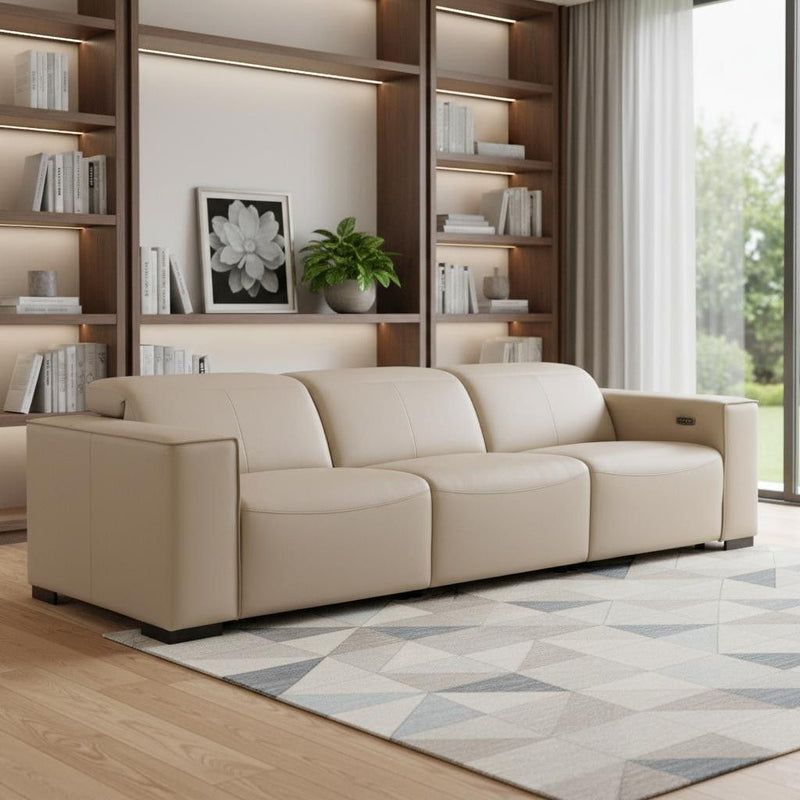 Top Grain Leather Reclining Metal USB Sofa (720306) - Beige