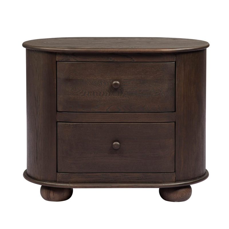 Solid Wood Oval Distressed Two Drawer Nightstand - Brown