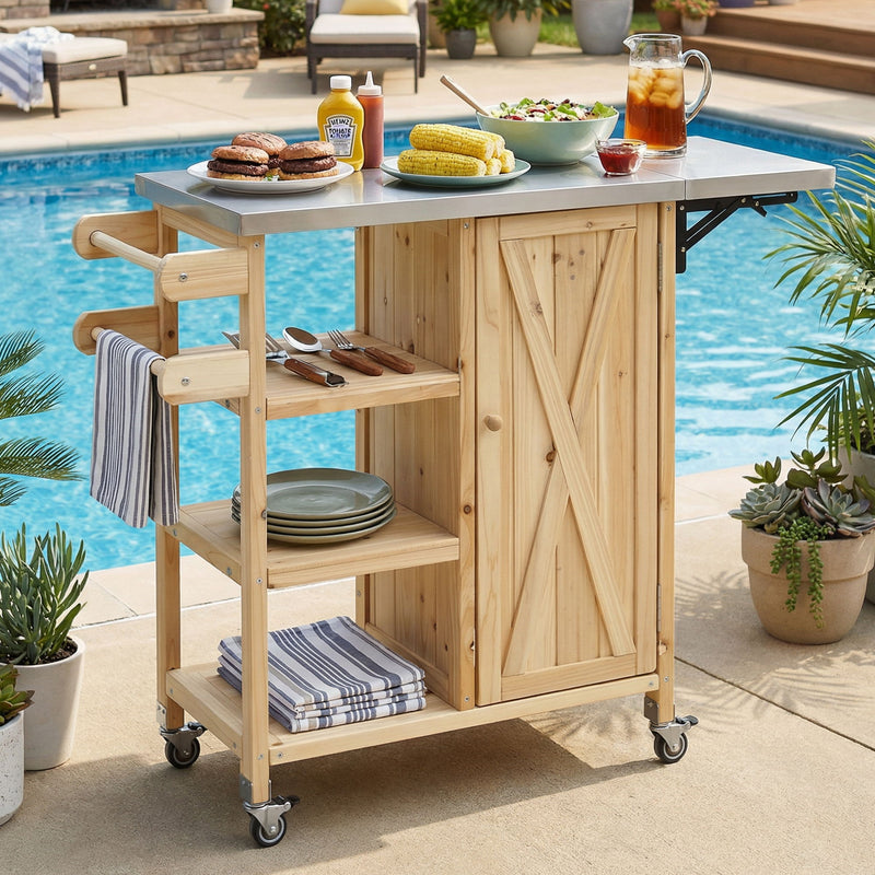 Foldable Outdoor Kitchen Island With Storage Cabinet