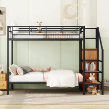 Load image into Gallery viewer, Twin Over Twin Metal Bunk Bed with Lateral Storage Ladder and Wardrobe, Black
