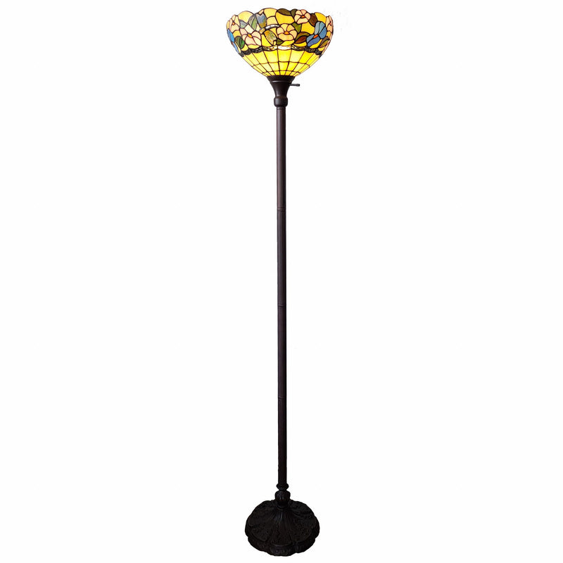 Traditional Shaped Floor Lamp With Green And Brown Tiffany Glass Bowl Shade - Brown