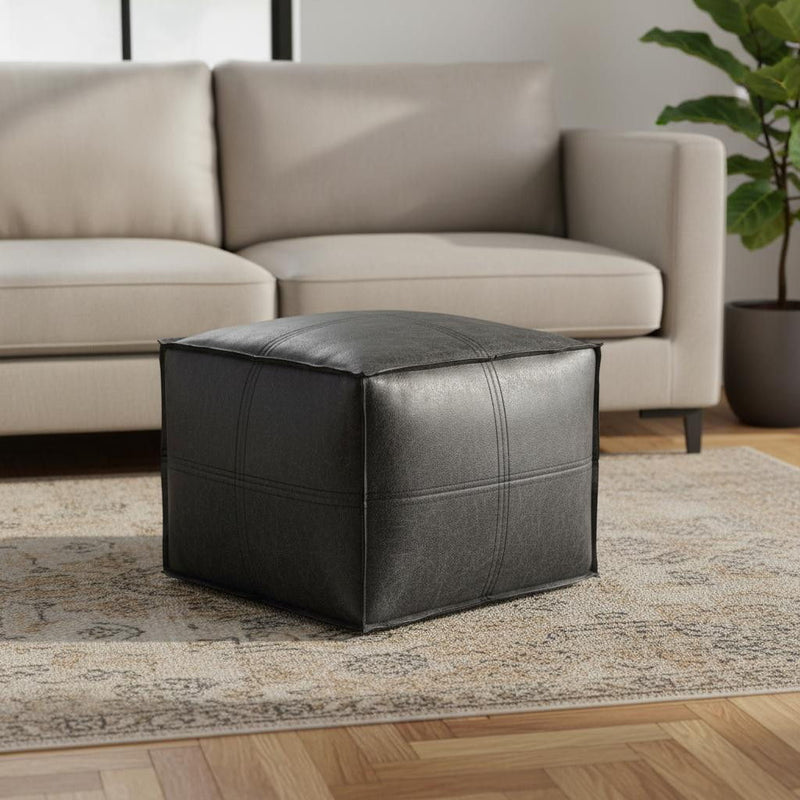 18" Faux Leather Pouf Ottoman - Black