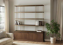 Load image into Gallery viewer, Four Tier Bookcase With Four Doors - Antiqued Brass / Brown
