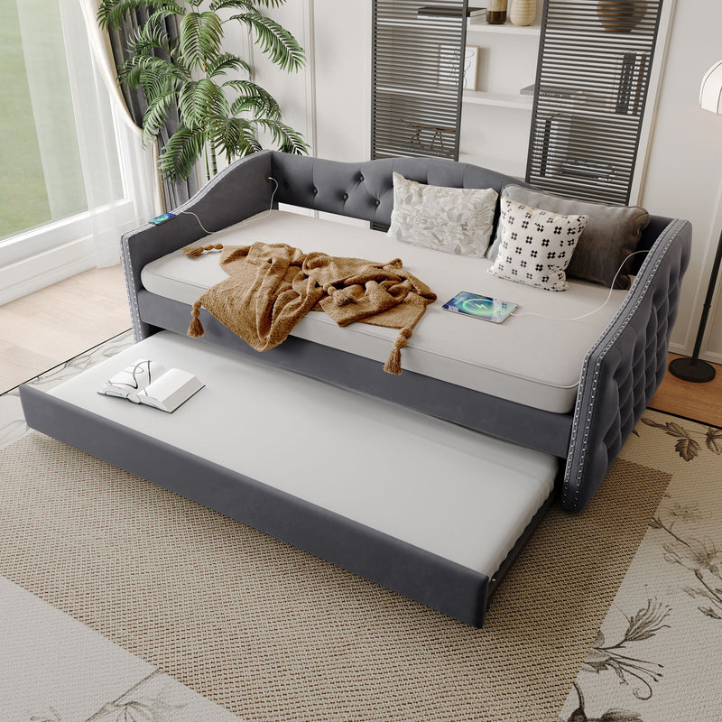 Twin Size Upholstered Daybed With Trundle And USB Charging Design For Bedroom - Gray