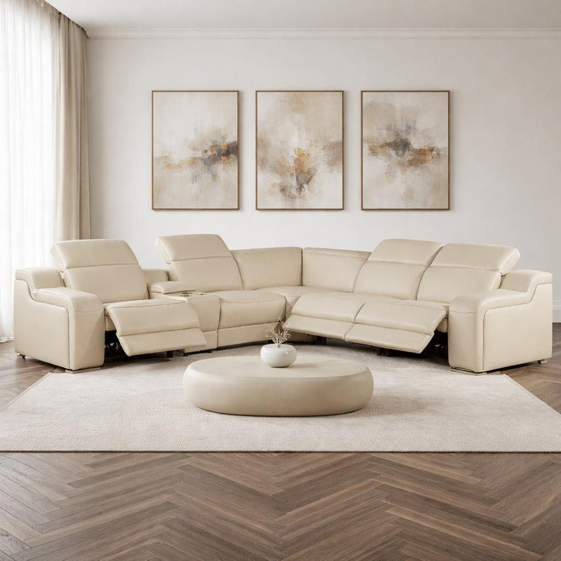Italian Leather Power Reclining Curved Six Piece Corner Sectional With Console - Beige