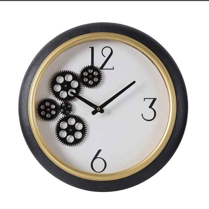 Faux Leather Analog Exposed Gear Round Wall Clock - Black / Gold / White