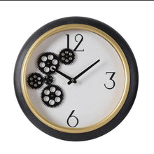 Load image into Gallery viewer, Faux Leather Analog Exposed Gear Round Wall Clock - Black / Gold / White
