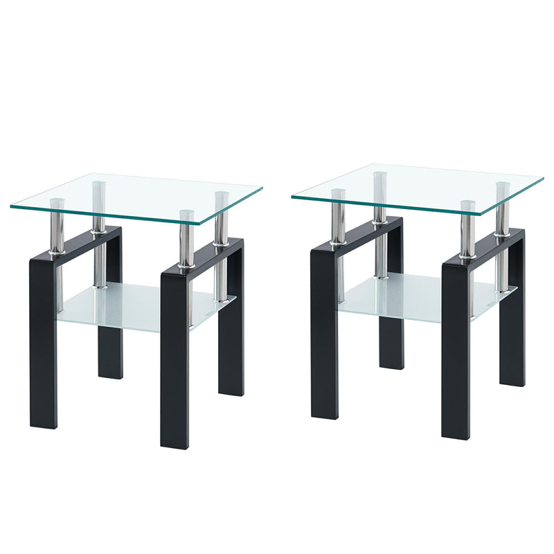 Glass And Metal Square End Tables With Shelf (Set of 2) - Clear / Black
