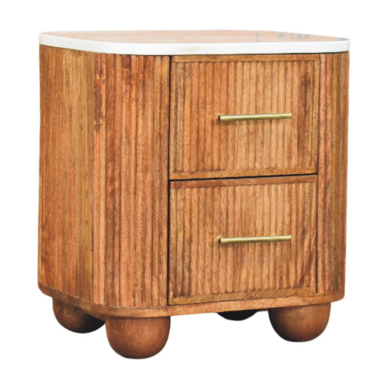 Solid Wood And Marble Ribbed Texture Two Drawer Nightstand - Brown