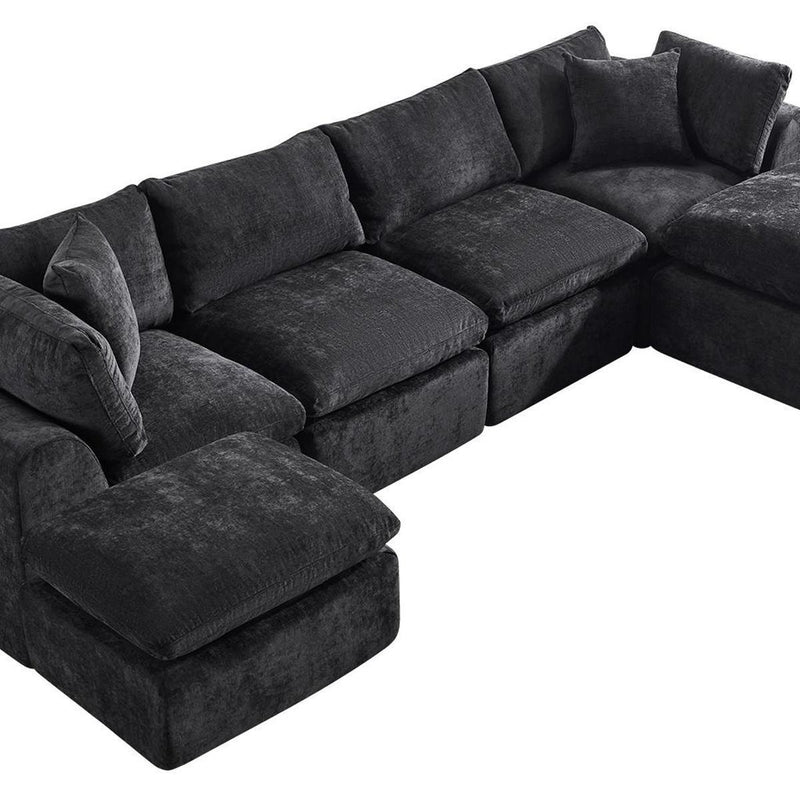 Chenille Modular Sofa With Ottoman And Toss Pillows - Black