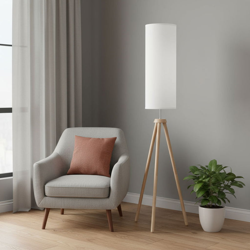 Wood Look Tripod Floor Lamp With White Shade - Natural
