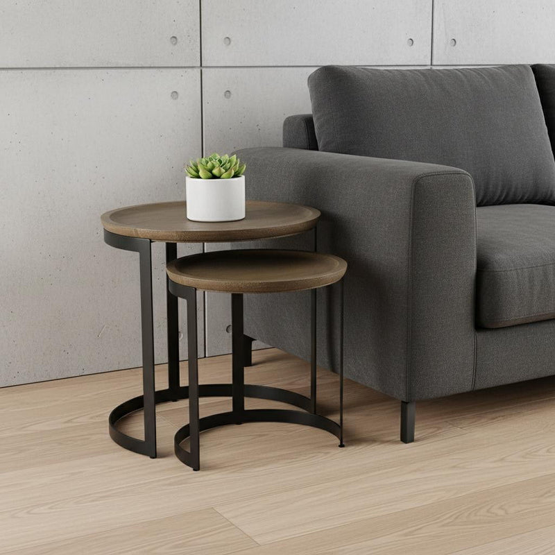 Solid Wood Iron Round Nested Tables (Set of 2) - Brown / Black