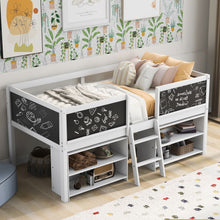 Load image into Gallery viewer, Low Loft Bed With Movable Shelves And Ladder, Decorative Chalkboard Guardrail
