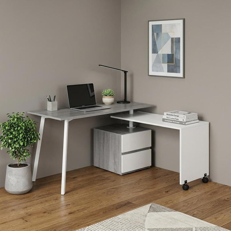 L Shape Rolling Pedestal Computer Desk With Two Drawers - Gray / White