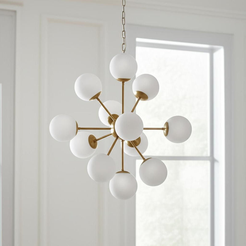 Sputnik Eleven Light Frosted Metal And Glass Dimmable Chandelier With White Shades - Gold