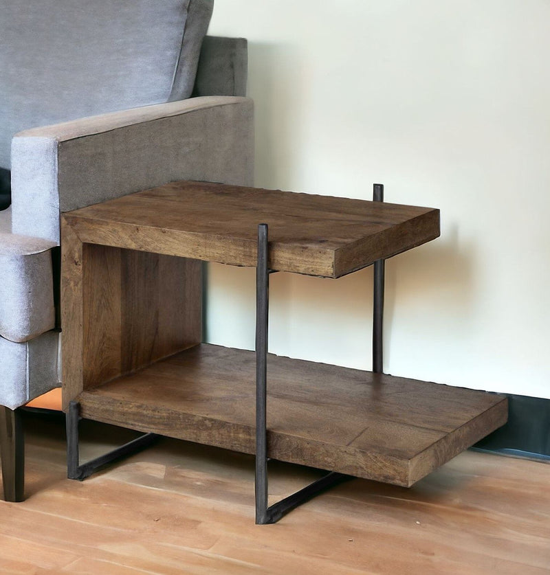 22" Solid Wood Square End Table With Shelves - Brown