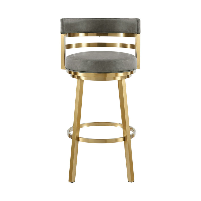 26" Faux Leather And Stainless Steel Low Back Counter Height Swivel Bar Chair - Gray / Gold