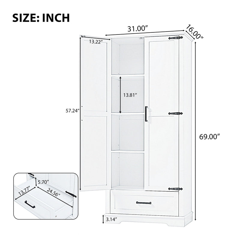 Tall Bathroom Storage Cabinet With 2 Doors And 2 Drawer, Adjustable Shelf - White