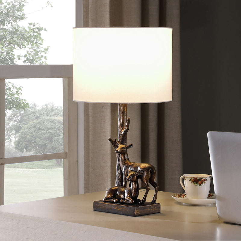 Mom And Baby Deer Table Lamp With White Drum Shade - Bronze