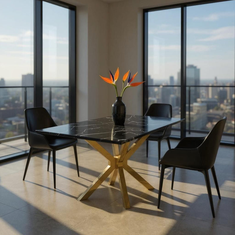79" Marble And Metal Cross Leg Base Dining Table - Black