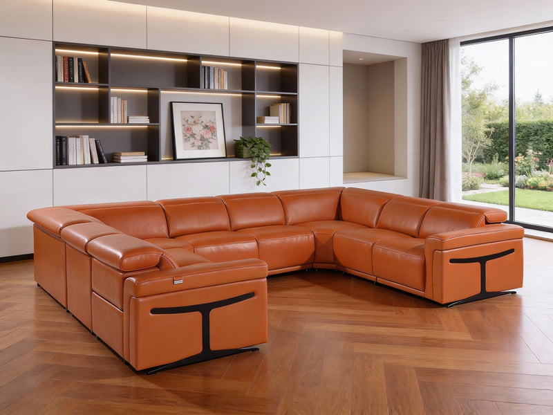Italian Leather Power Reclining U Shaped Eight Piece Corner Sectional With Console - Camel