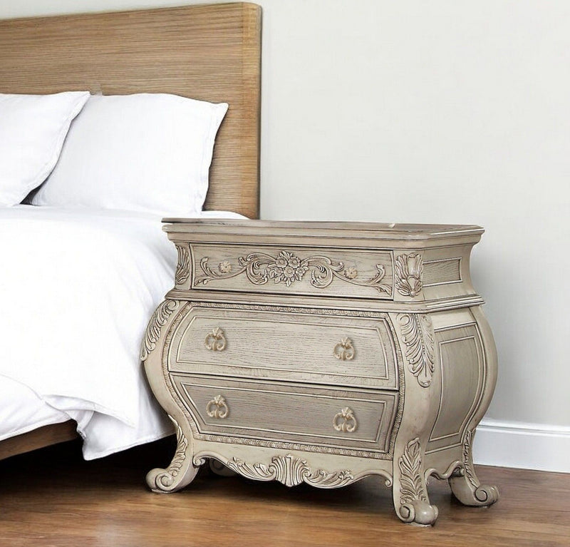 Three Drawers Solid Wood Nightstand - Antiqued White