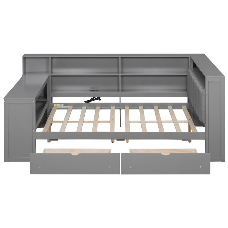 Platform Bed With Upholstered Headboard, Storage Shelves, Drawers, Charging Station, LED Lighting, Built In Desk