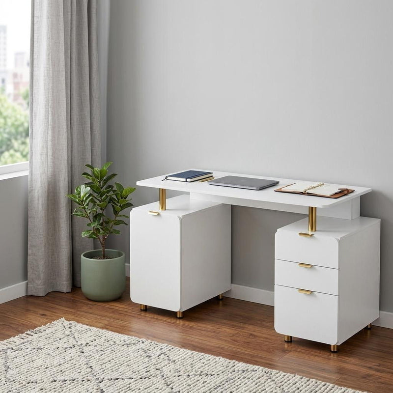 Stainless Pedestal Executive Desk With Three Drawers - White / Gold