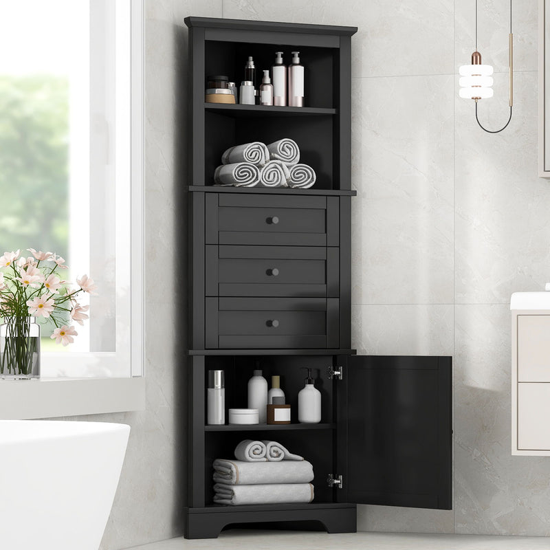 Tall Storage Cabinet With 3 Drawers And Adjustable Shelves For Bathroom
