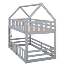 Load image into Gallery viewer, Twin over Twin House Bunk Bed with Fence and Door, Gray
