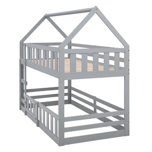 Twin over Twin House Bunk Bed with Fence and Door, Gray