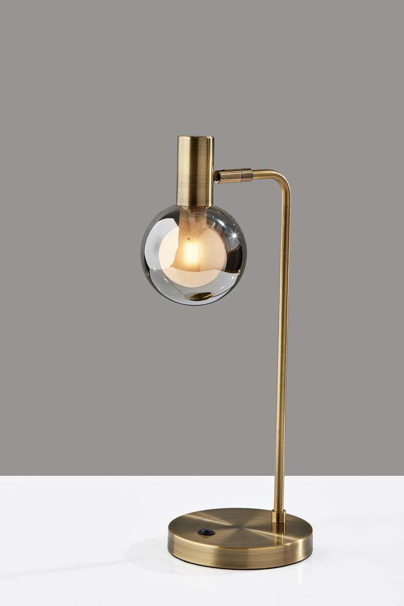 Metal Cylinder Desk Table Lamp With Gray Globe Shade With Starling LED Bulb - Antiqued Brass