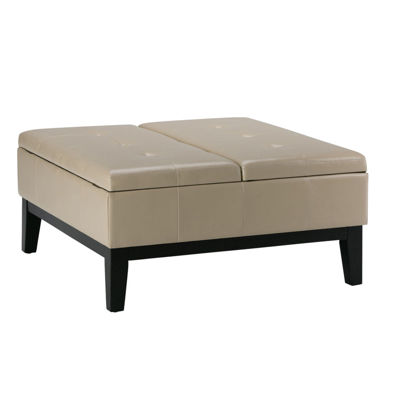 36" Leather Cocktail Ottoman With Storage - Cream / Dark Brown