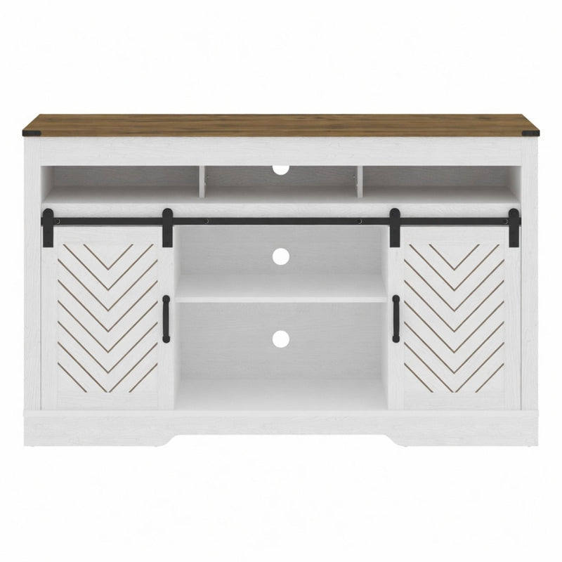 TV Stand With Sliding Barn Doors And Adjustable Storage - White / Oak