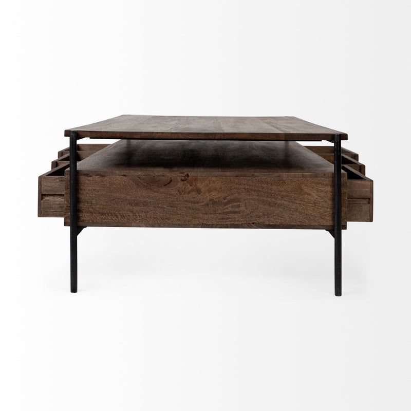 Rectangular Solid Wood Metal Coffee Table W 3 Drawers - Brown And Black
