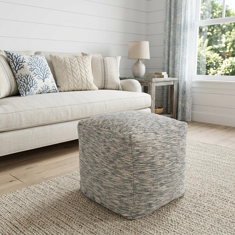 Cotton Blend Striped Cube Pouf Ottoman - Blue And Ivory