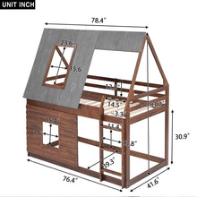 Load image into Gallery viewer, Wood Twin Size House Bunk Bed With Roof, Ladder And 2 Windows - Oak &amp; Smoky Gray

