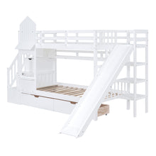 Load image into Gallery viewer, Twin-Over-Twin Castle Style Bunk Bed with 2 Drawers 3 Shelves and Slide - White
